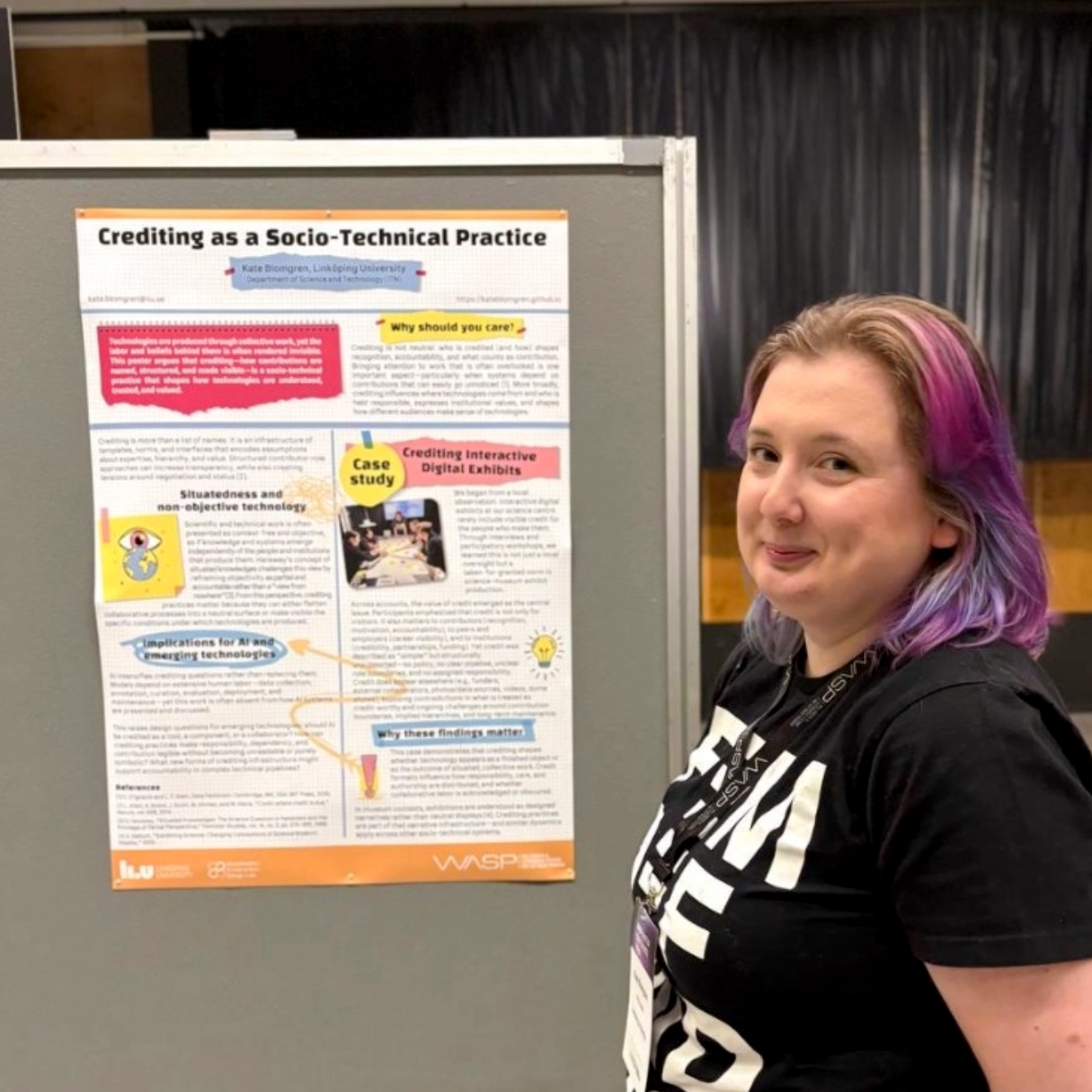 Me standing in front of my academic poster titled “Crediting as a Socio-Technical Practice” at the WASP Winter Conference in Örebro.